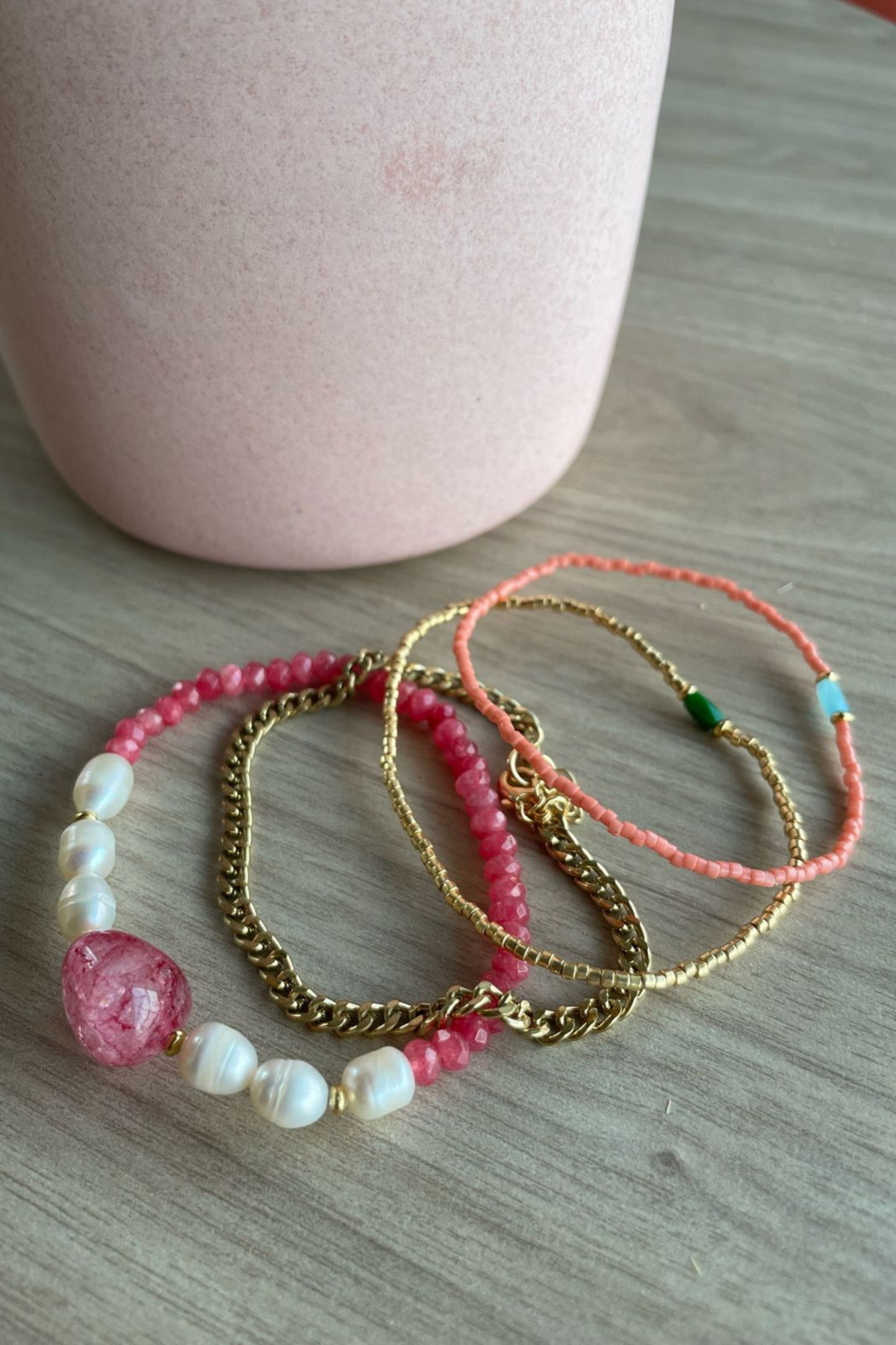 Wine Stone & Pearl Bracelet Set