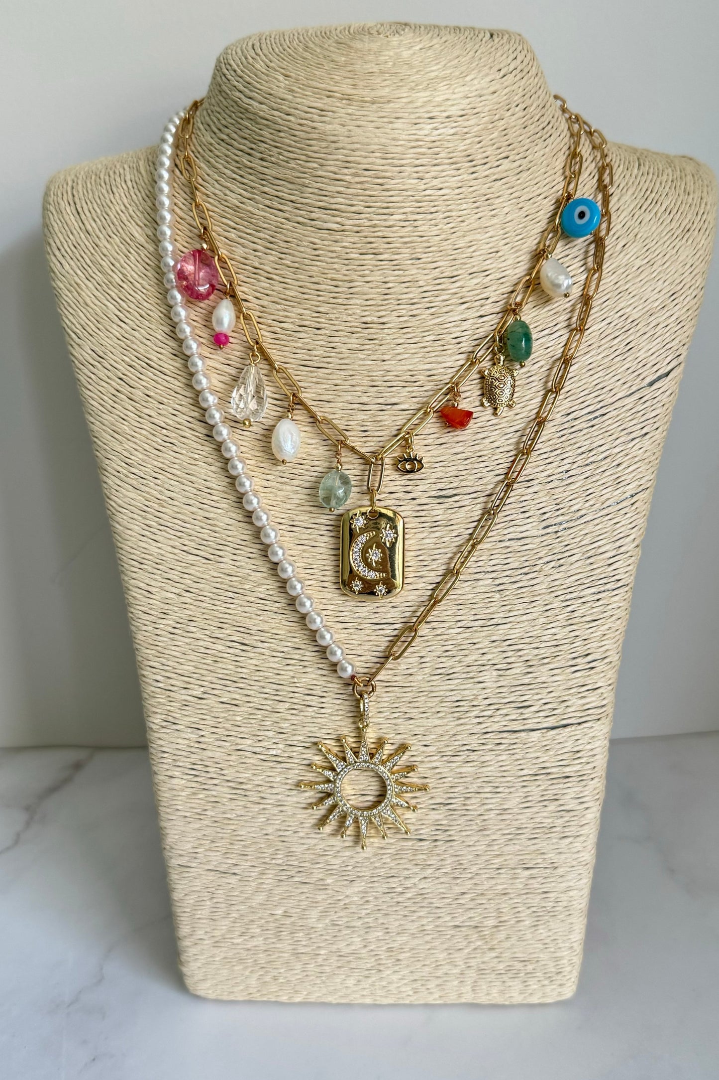 18K Gold Plated Pearls, Sun Charm Necklace